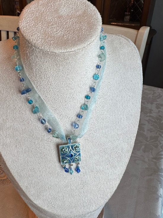 Jewelry - Aqua Blue Glass Floral Pendant Necklace with Beaded Ribbon